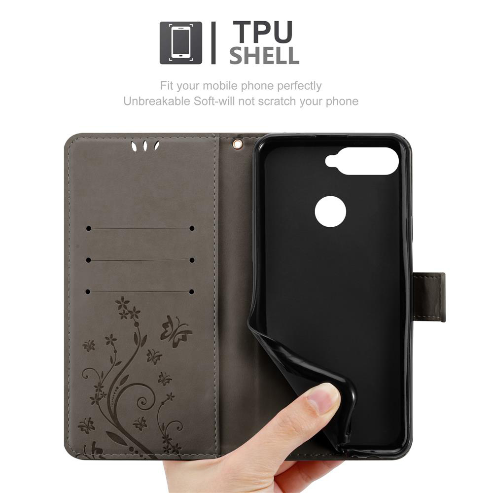 Custodia del telefono aperta, design a farfalla. Testo: TPU SHELL. Mano che tiene la custodia. Interno nero.
