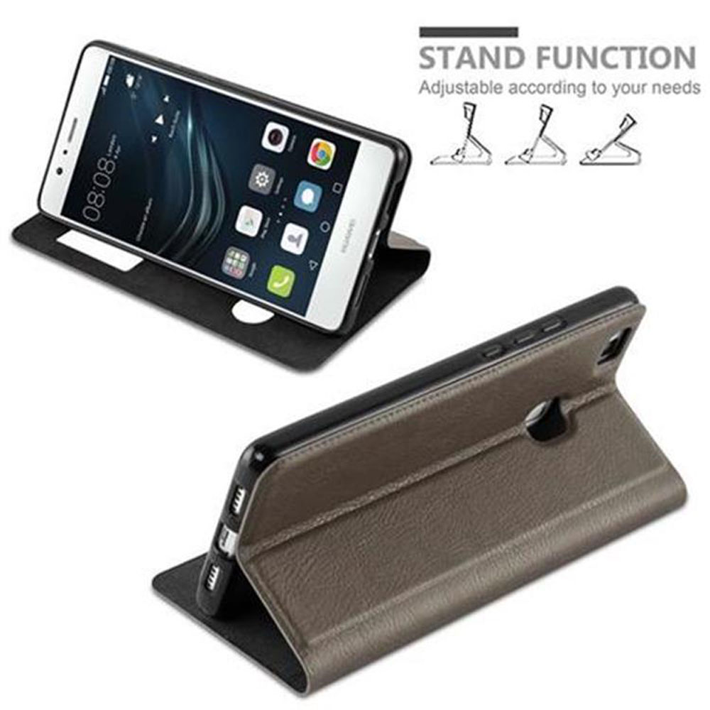 Telefono in una custodia marrone. Il testo recita: FUNZIONE STAND.