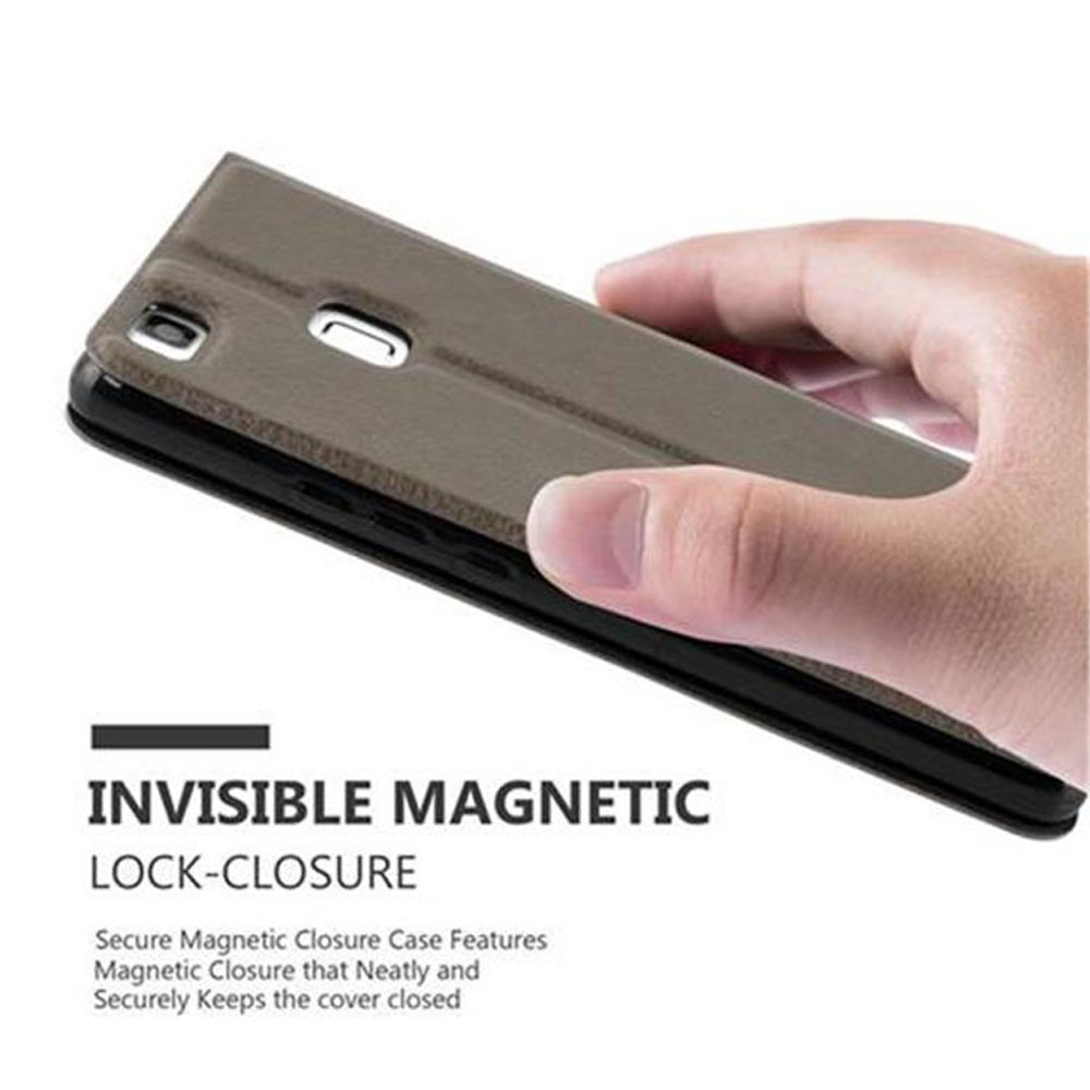 Una custodia per telefono in mano. Il testo recita 'INVISIBLE MAGNETIC LOCK-CLOSURE'.