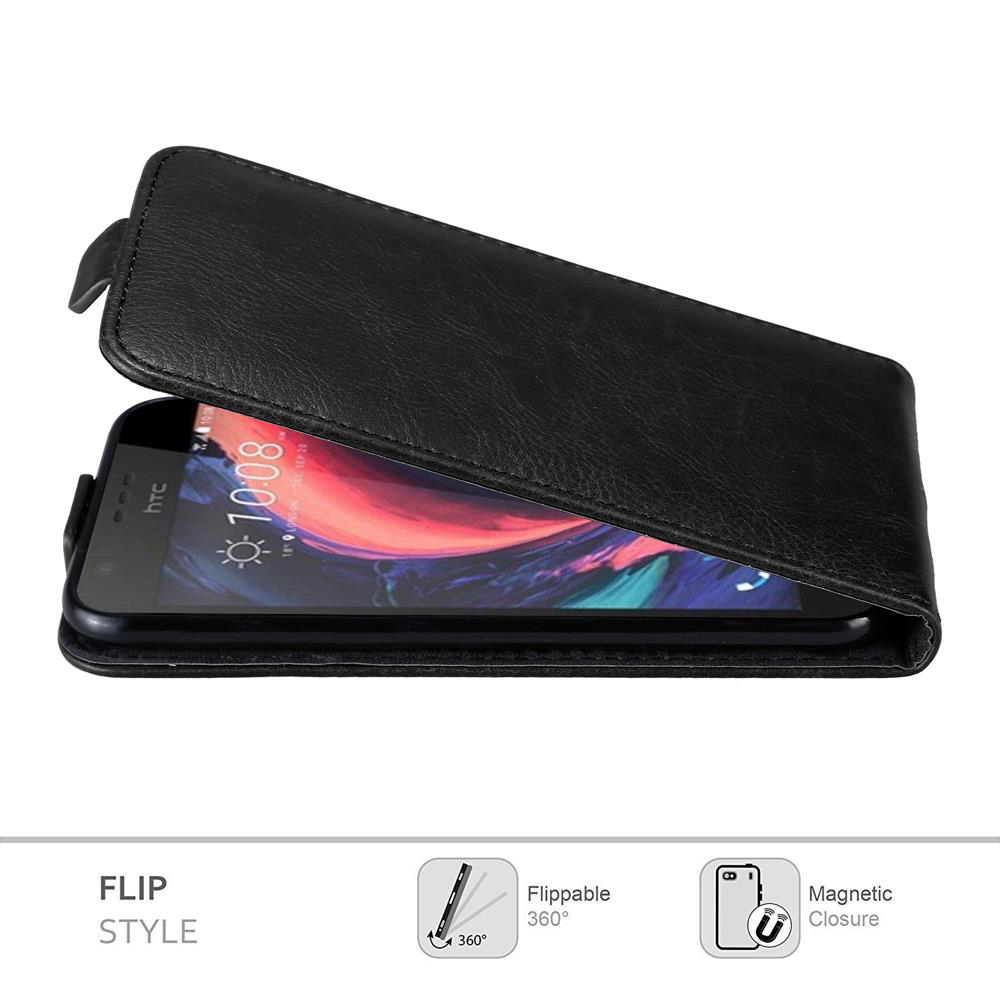 Custodia nera per telefono aperta, che mostra il telefono. Sono presenti icone di stile flip e chiusura magnetica.