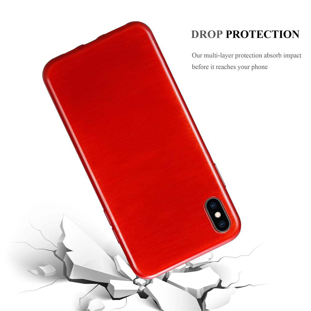 Custodia per telefono rossa su superficie rotta. Testo: Protezione da caduta, multistrato assorbe.