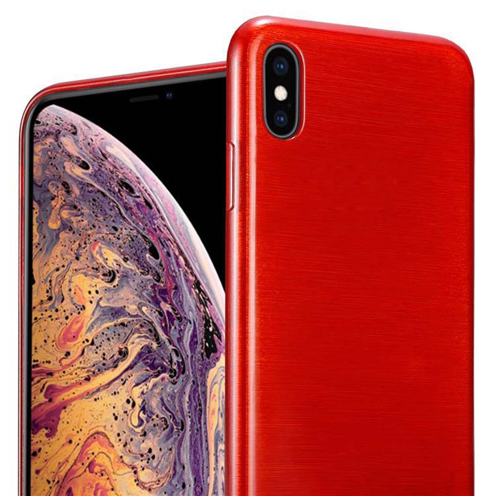 Custodia e telefono rossi, la parte posteriore del telefono è visibile. Custodia rossa a destra.