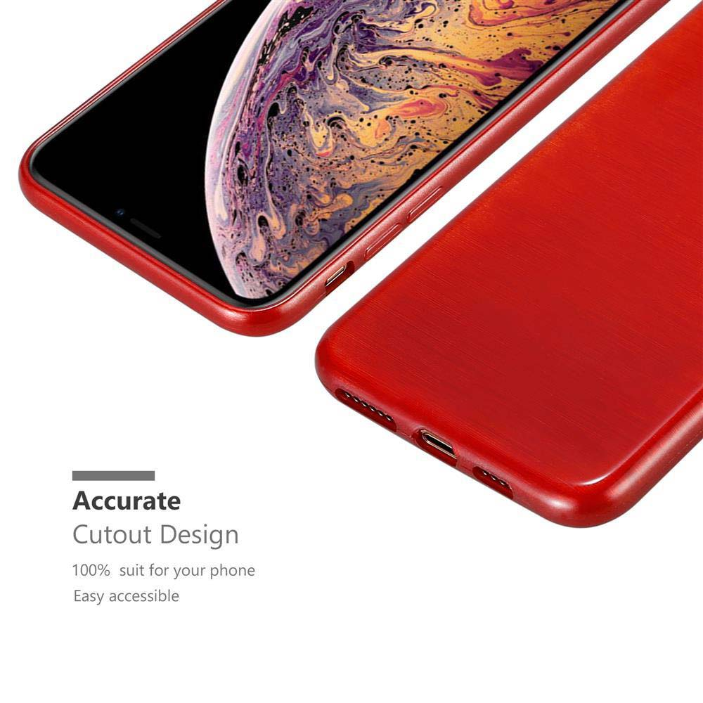 Un telefono rosso con una custodia abbinata. Il telefono è sul lato sinistro.