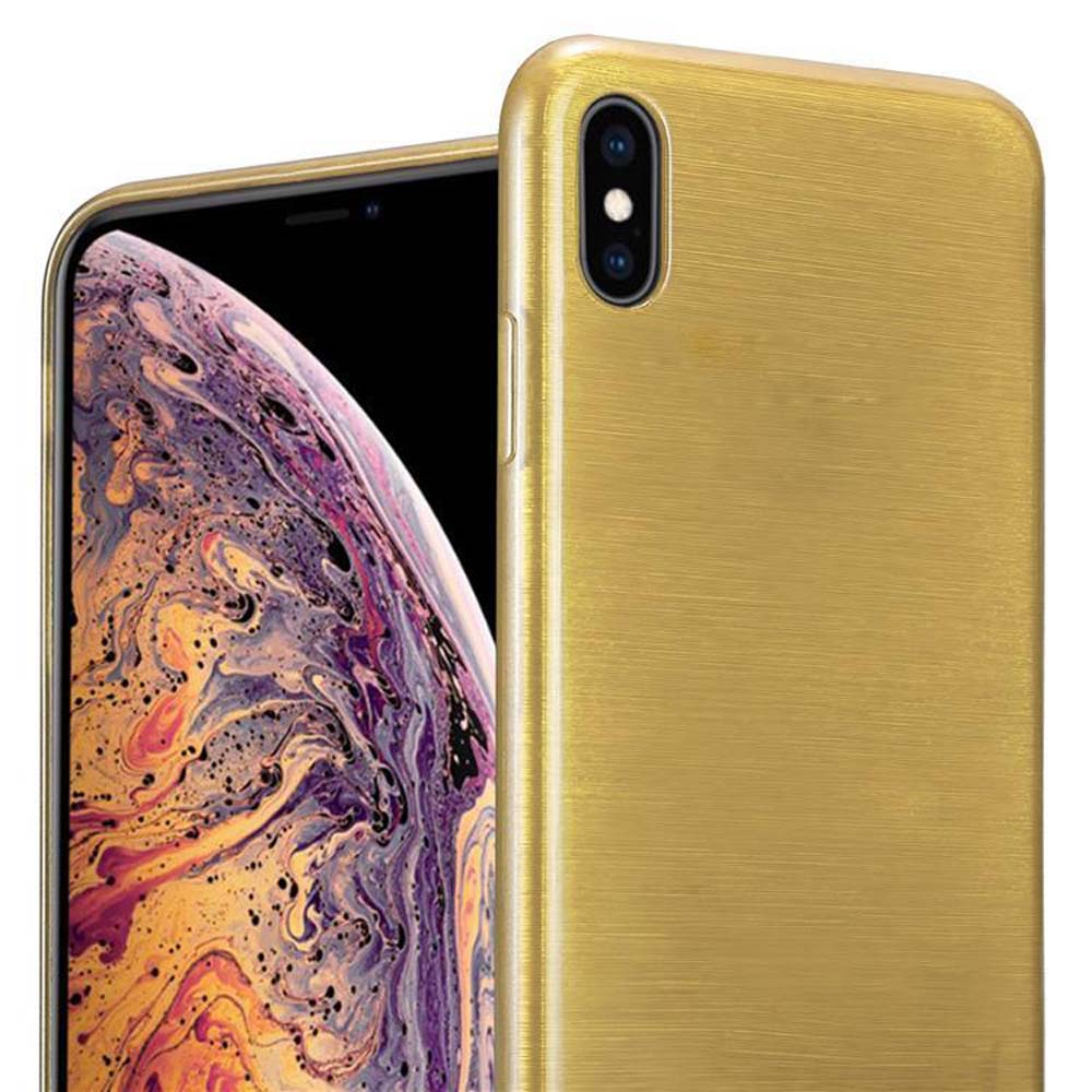 Goldene Handyhülle auf einem Telefon. Das Telefon hat eine goldene Farbe mit gebürsteter Metalloptik.