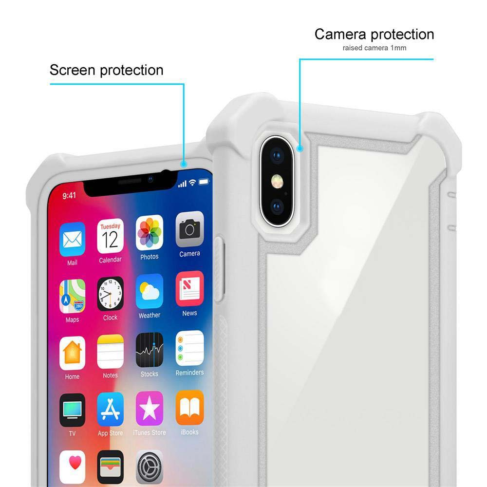 Un telefono in una custodia bianca. La custodia ha funzioni di protezione della fotocamera e dello schermo, con icone delle app visibili.