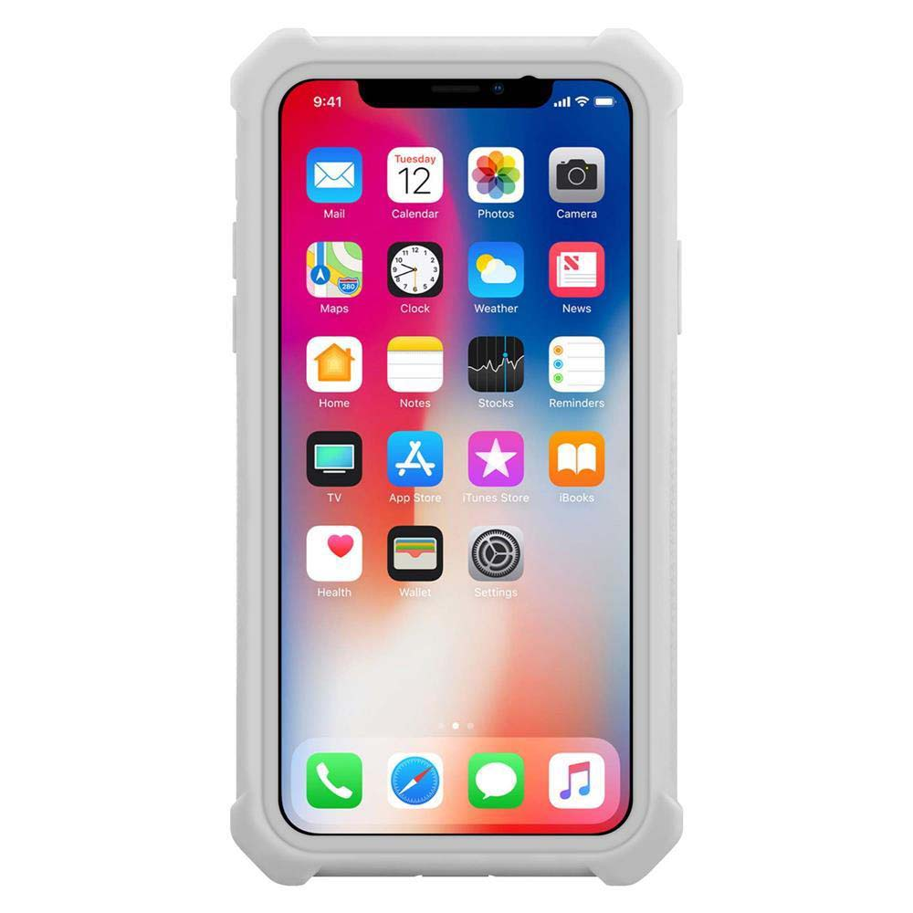 Custodia bianca per telefono che protegge un iPhone. Lo schermo del telefono mostra varie icone di app. Lo sfondo è bianco.