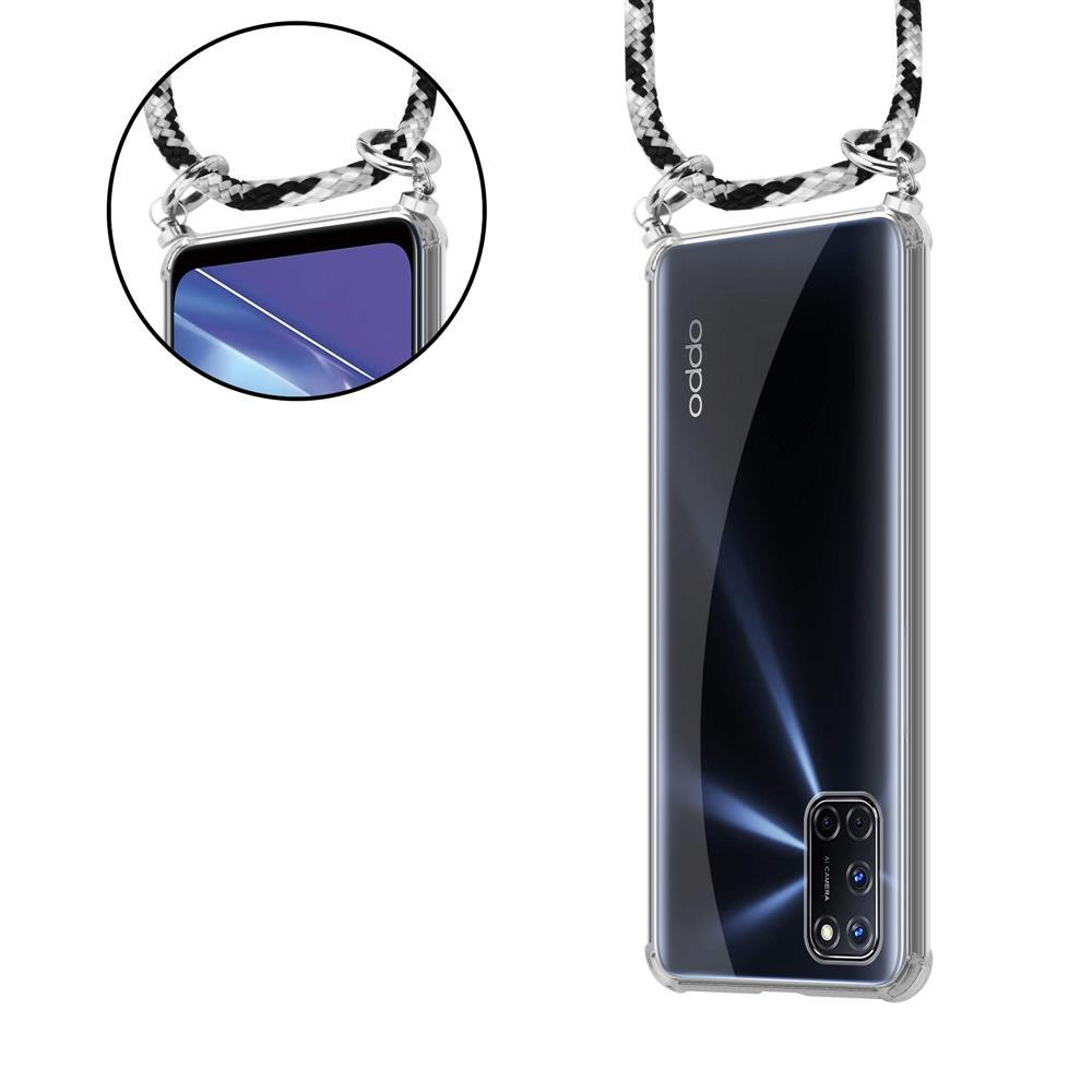 Transparente Handyhülle mit schwarz-weißem Umhängeband. Das Telefon zeigt einen blauen Bildschirm, die Rückseite ein Oppo-Logo.