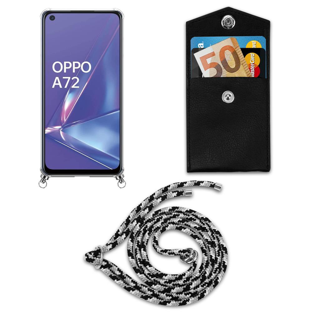 Telefon mit Riemen, ein schwarzer Kartenhalter mit Karten und ein schwarz-weißer Riemen.