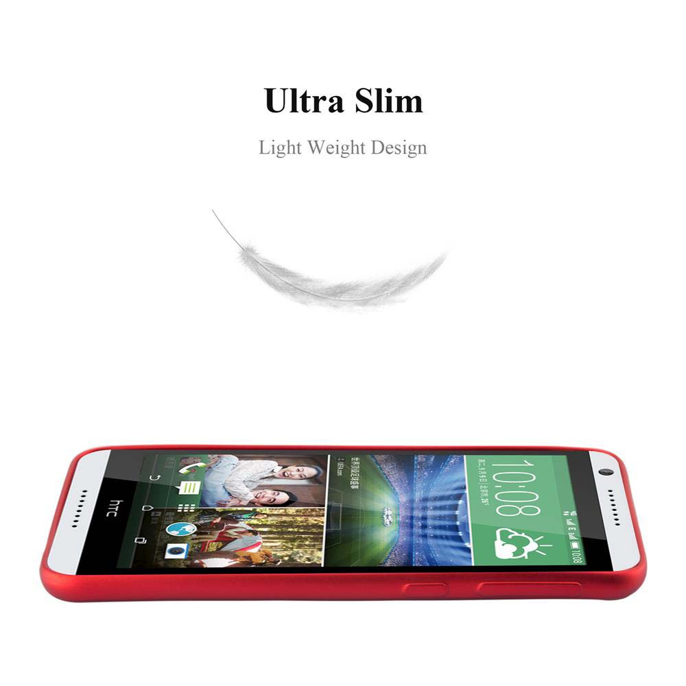 Rote Handyhülle mit HTC-Telefon unten. Text: Ultra Slim, Light Weight Design.