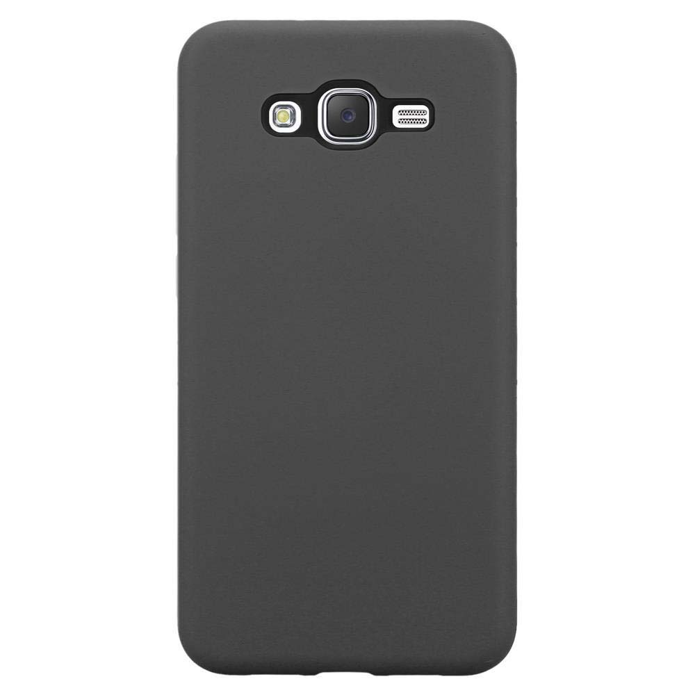 Una custodia nera per telefono, vista posteriore, con aperture per fotocamera e flash. Design semplice per protezione.