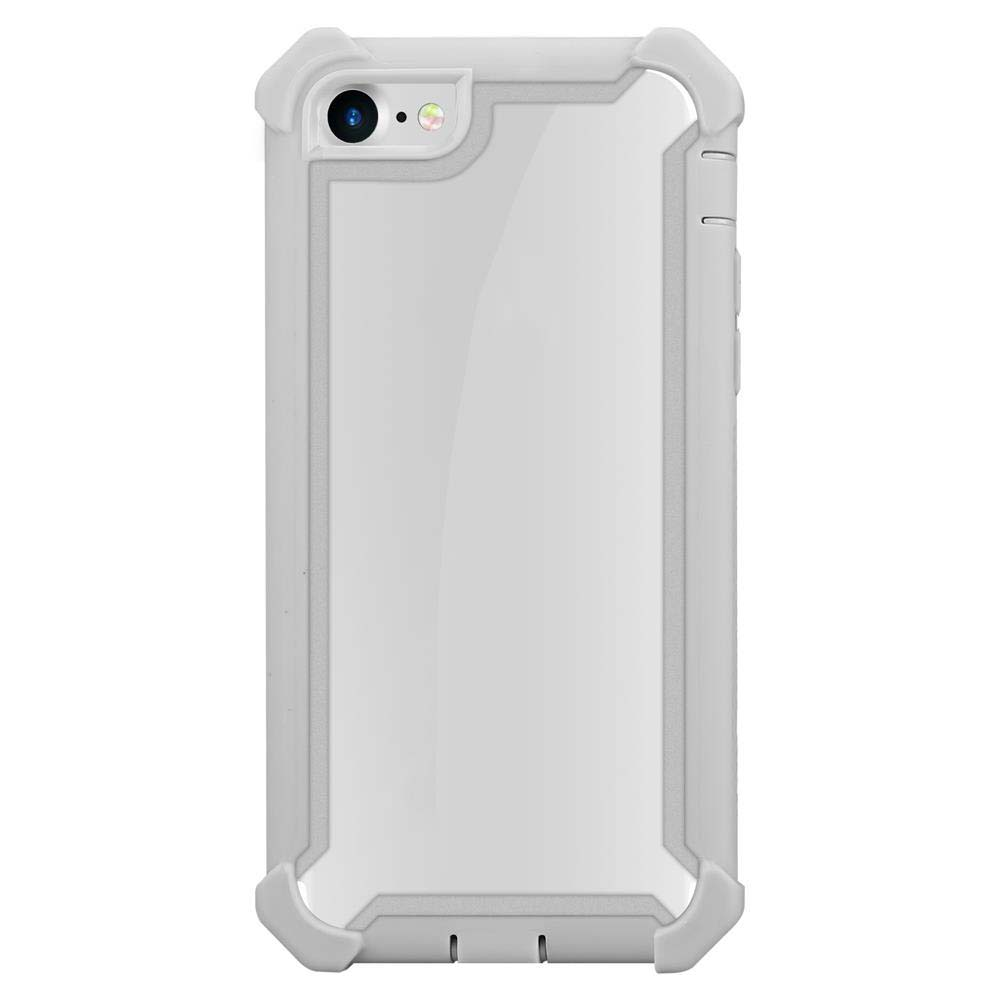 Una custodia bianca per telefono con retro trasparente e cornice grigia. Ha un foro per la fotocamera. Sfondo bianco.
