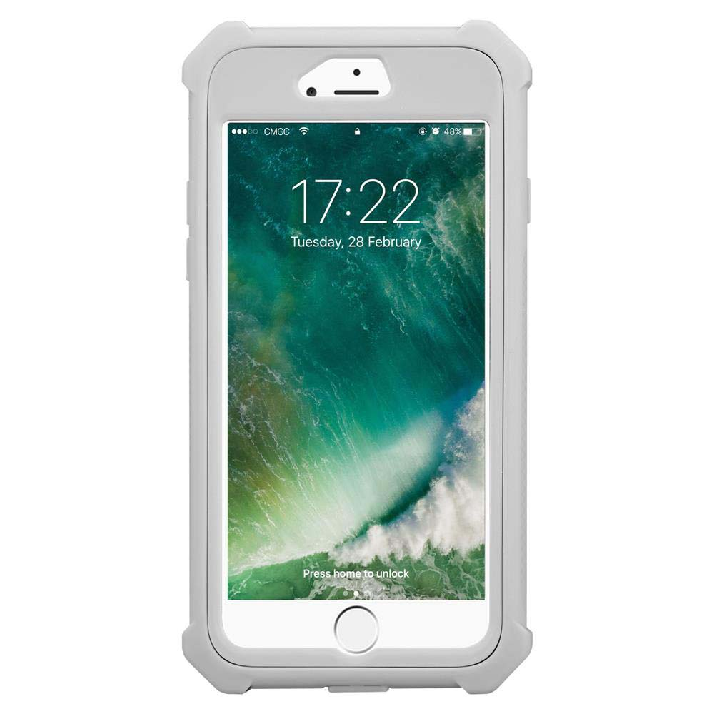 Un iPhone bianco in una custodia protettiva robusta. Lo schermo mostra ora e batteria.