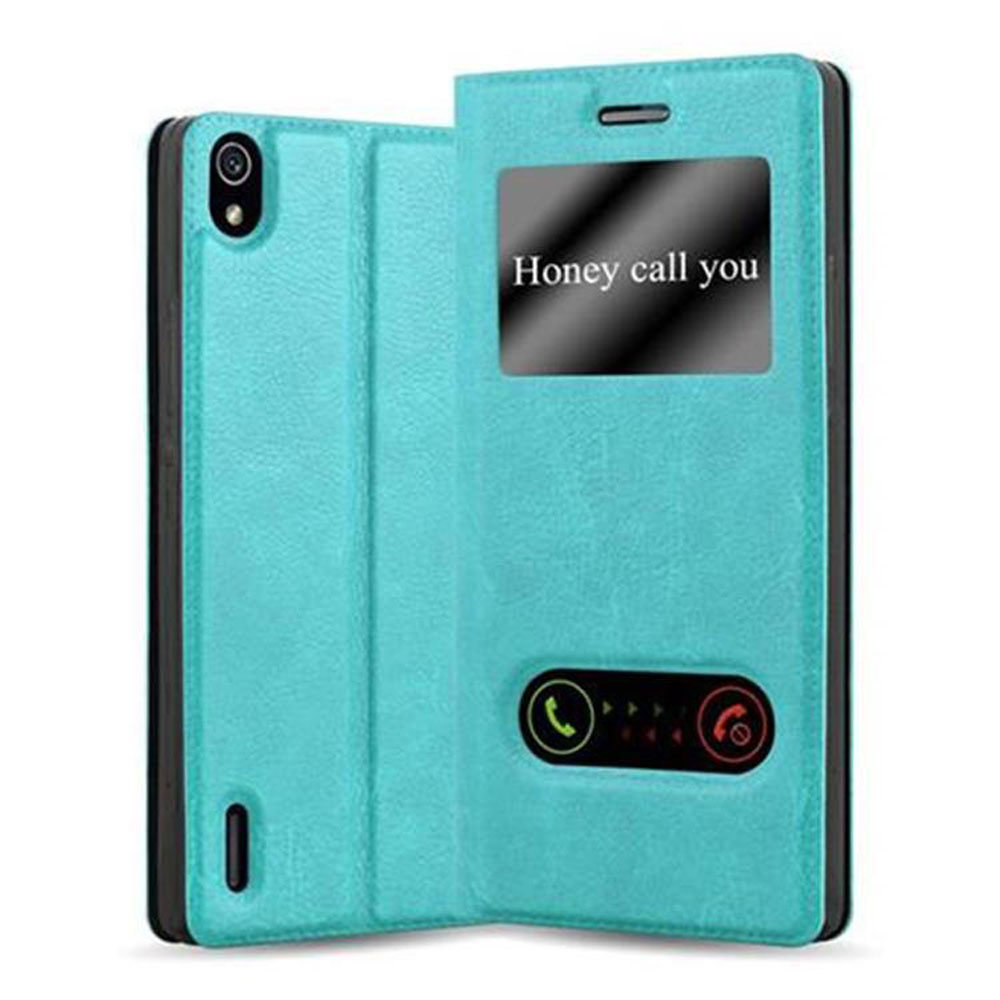 Funda de teléfono turquesa con pantalla que muestra 'Honey call you'. Icono de llamada visible.