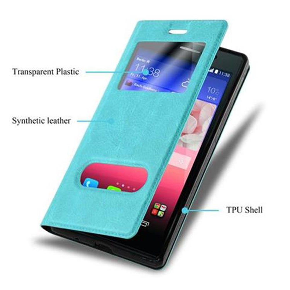 Una funda de teléfono turquesa con un teléfono dentro y etiquetas para plástico transparente y cuero sintético.