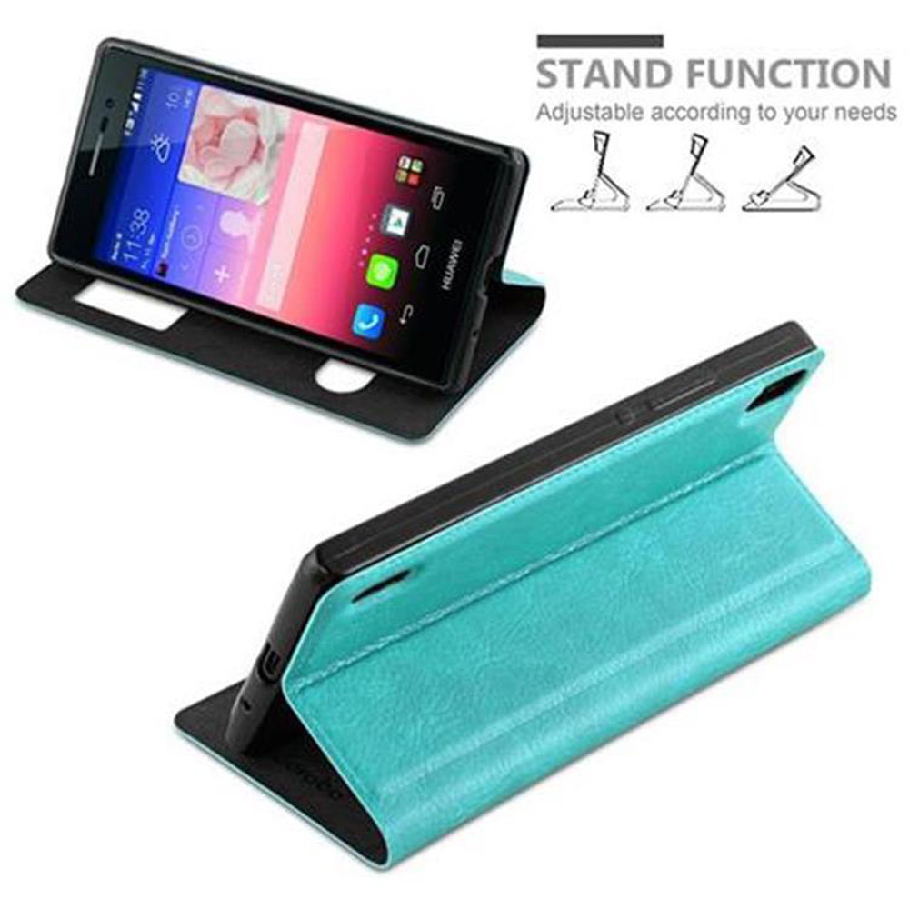 Funda de teléfono turquesa abierta con un teléfono mostrando una interfaz e iconos de función de soporte.