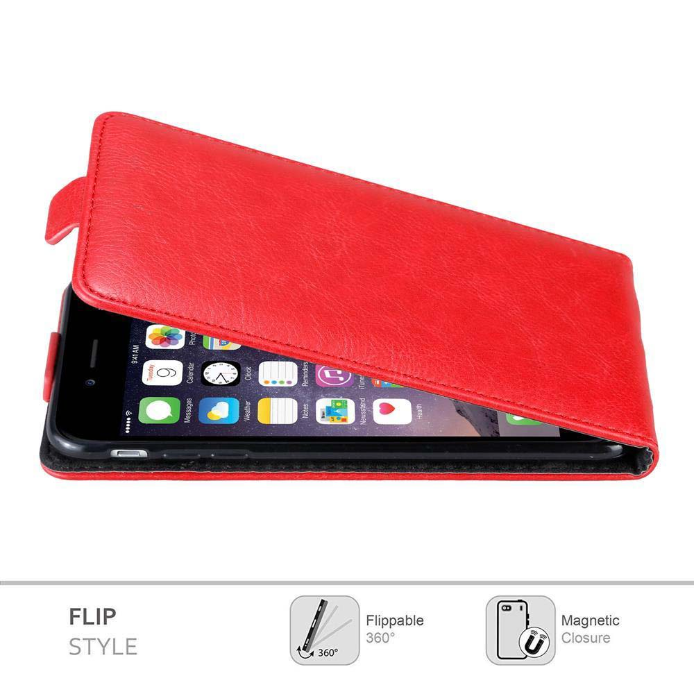 Una custodia a libro rossa con un telefono all'interno. Ha una chiusura magnetica e ribaltabile a 360°.
