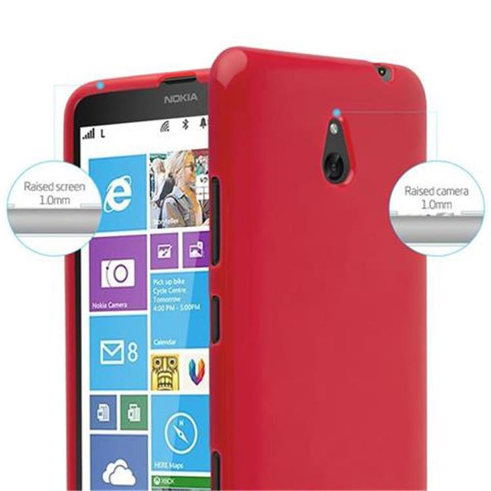 Téléphone et étui rouges. Écran et caméra surélevés sont marqués.