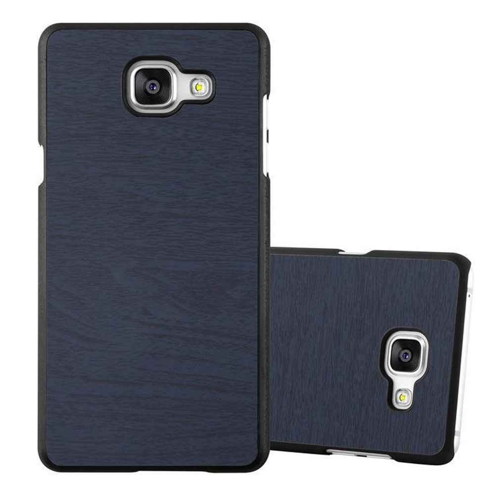 Dos fundas azul oscuro para teléfono. Una está de pie, la otra está tumbada. Ambas tienen un recorte para la cámara.