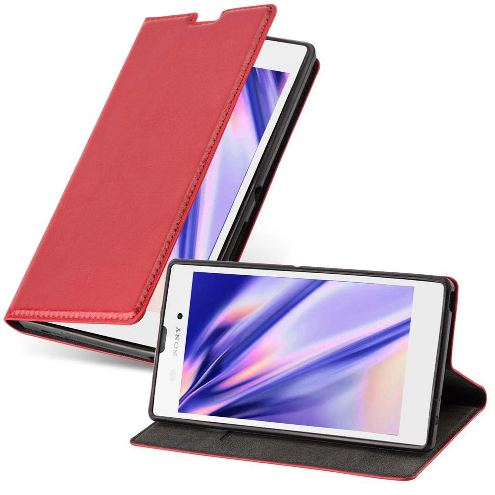 Funda roja abierta, mostrando un teléfono con pantalla morada. El fondo es blanco.