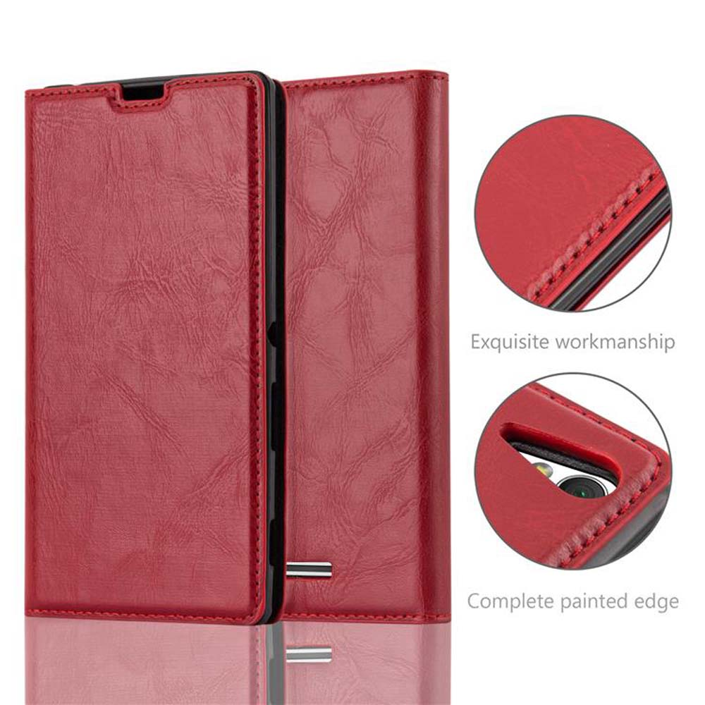 Funda de cuero roja, abierta para mostrar un teléfono. Primeros planos muestran las costuras y detalles.