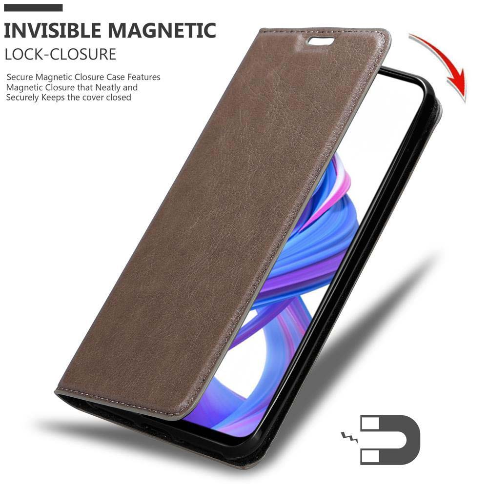 Braune Handyhülle, geöffnet, Telefon sichtbar. Ein Magnet ist sichtbar.