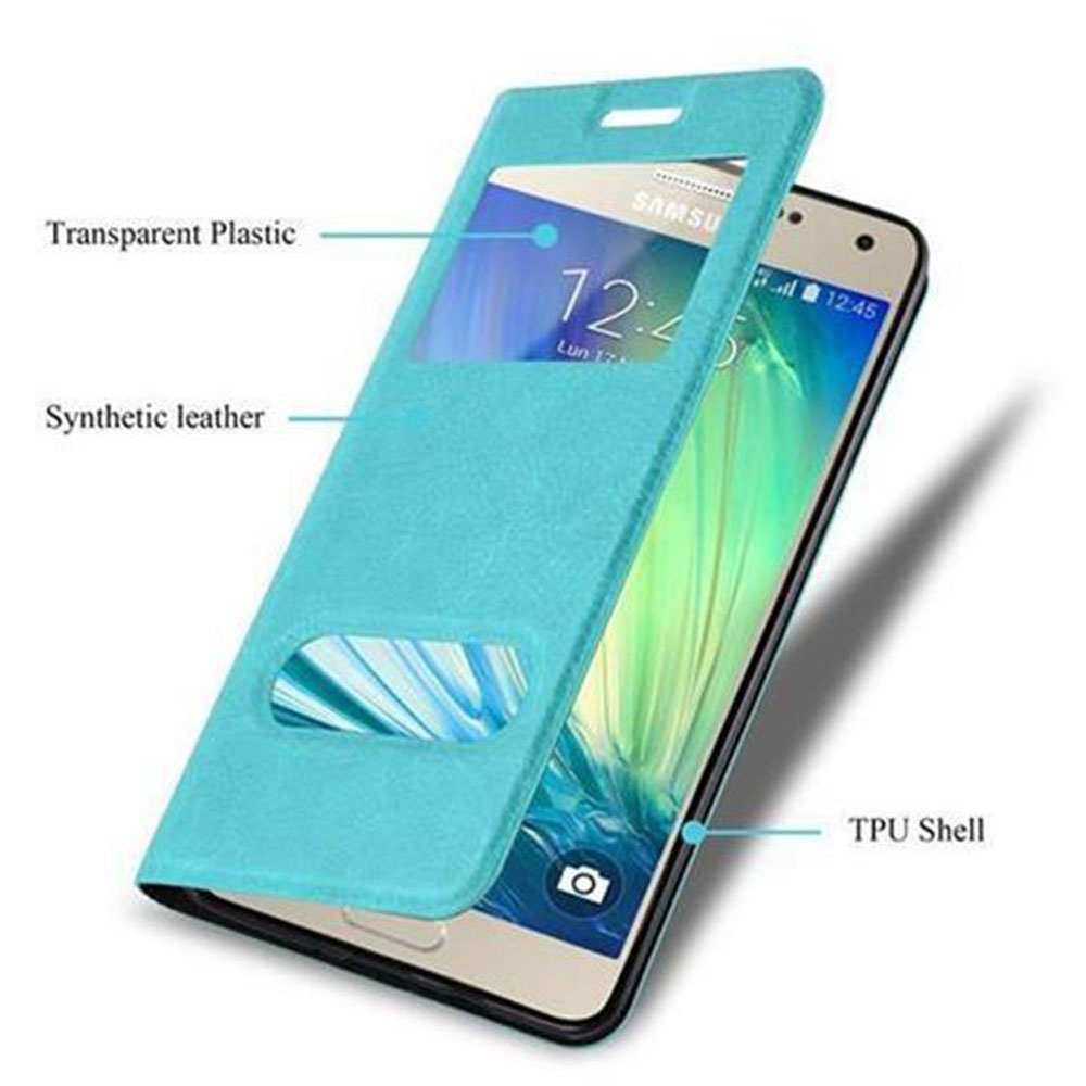 Custodia blu per telefono con finestra trasparente. Testo: Plastica trasparente, pelle sintetica e TPU Shell.