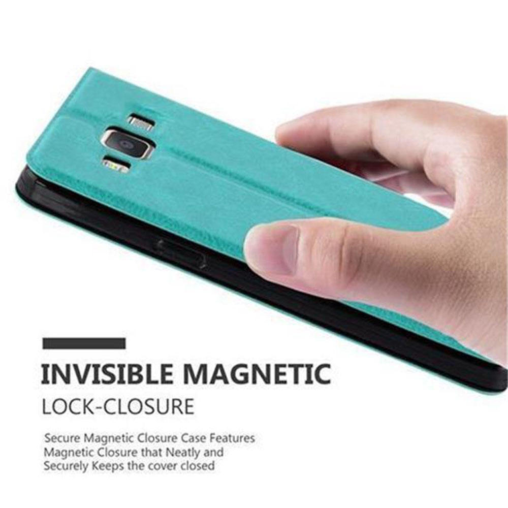 Mano che tiene una custodia per telefono, il testo recita, Chiusura magnetica invisibile.