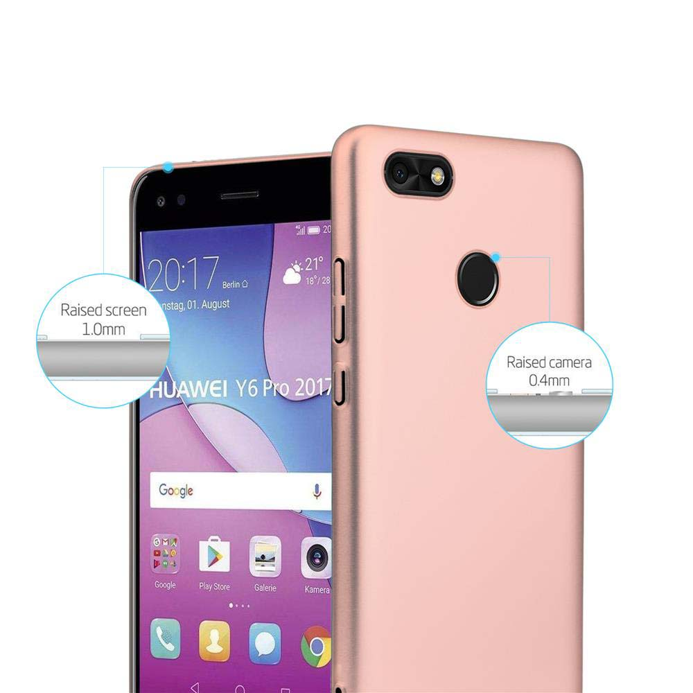 Eine pinke Handyhülle mit einem Telefon darin. Der Bildschirm ist sichtbar. Text zeigt erhöhten Bildschirm und Kamera.