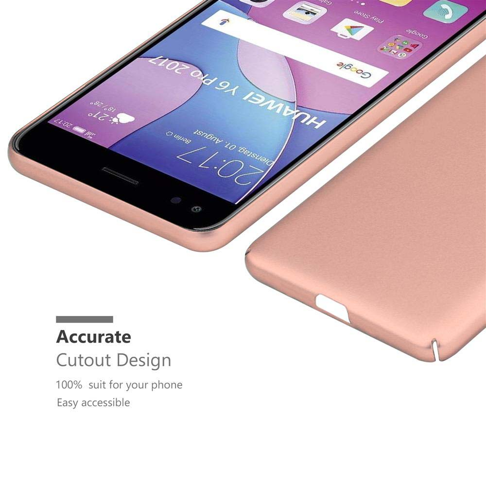 Ein Telefon in einer roségoldenen Hülle. Der Text oben lautet Accurate Cutout Design und unten Easy accessible.