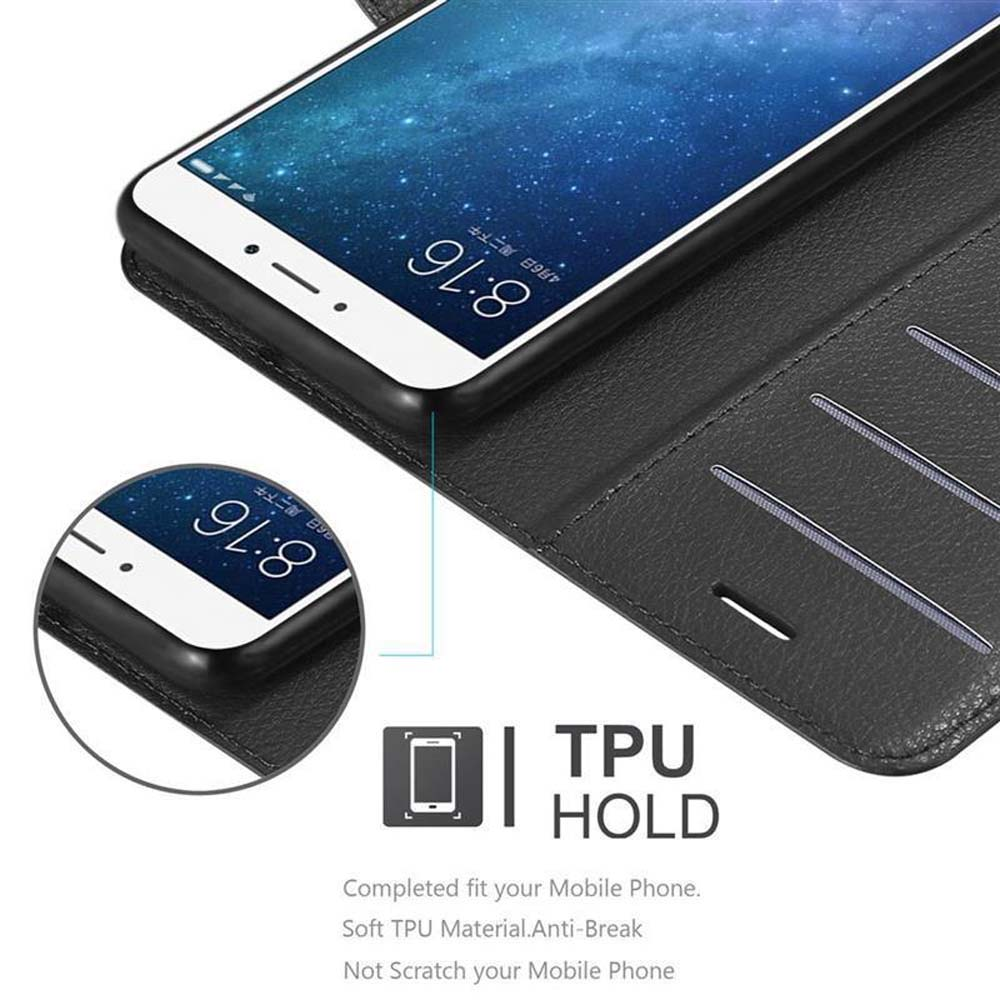 Schwarzes Telefon in einer schwarzen Handyhülle mit Text und Details.