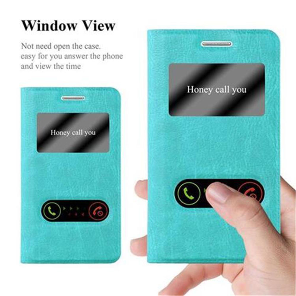 Dos fundas de teléfono turquesas. Una está abierta y otra cerrada con una ventana.