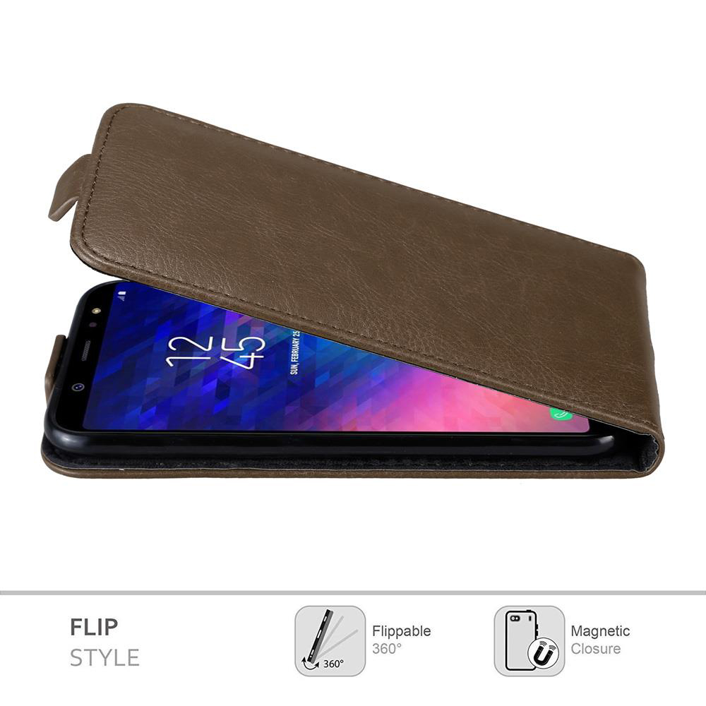 Custodia per telefono marrone a libro con un telefono che mostra il suo schermo e icone che indicano lo stile a libro e la chiusura.