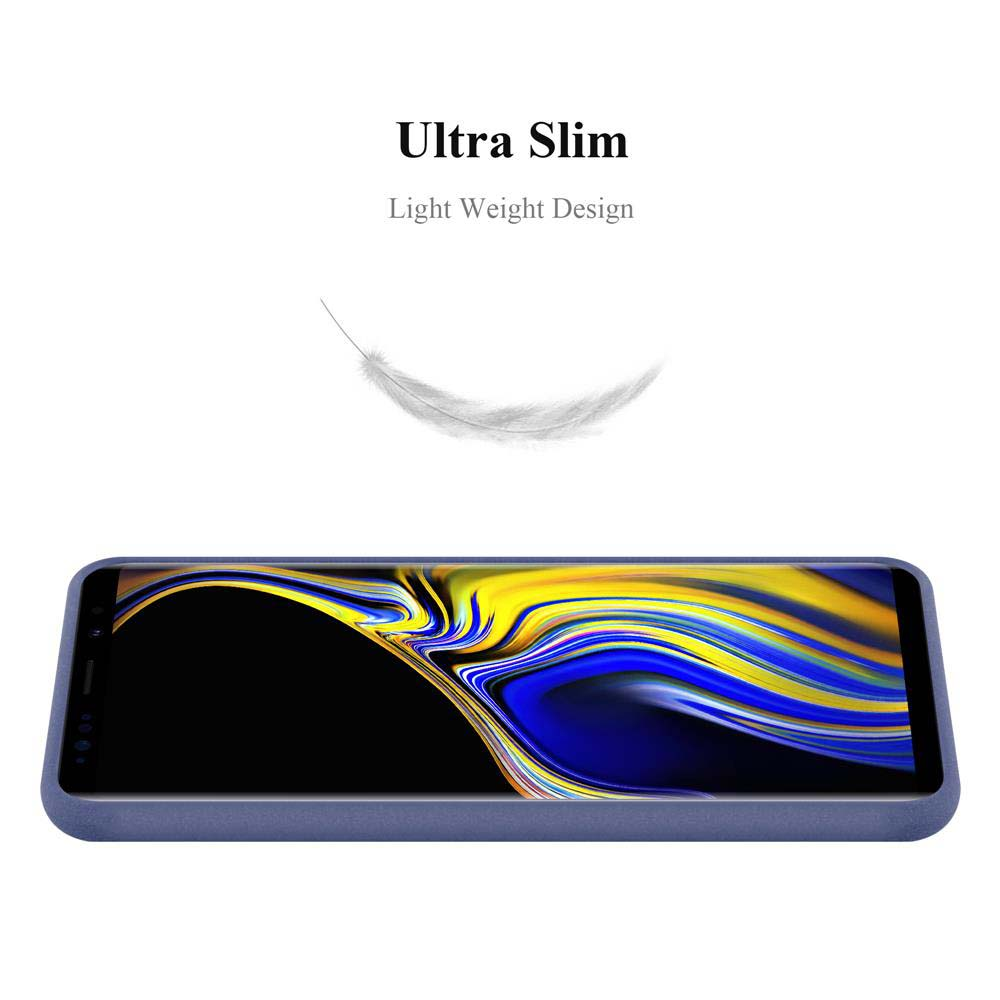 Custodia blu con grafica a piuma, testo Ultra Slim e Light Weight Design su bianco.