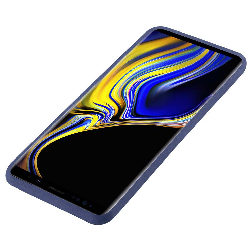 Un telefono in una custodia blu scuro con display colorato. Lo schermo mostra giallo e blu.