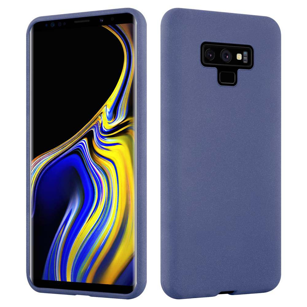 Custodia per telefono blu. Il telefono ha uno schermo nero e un bordo curvo.