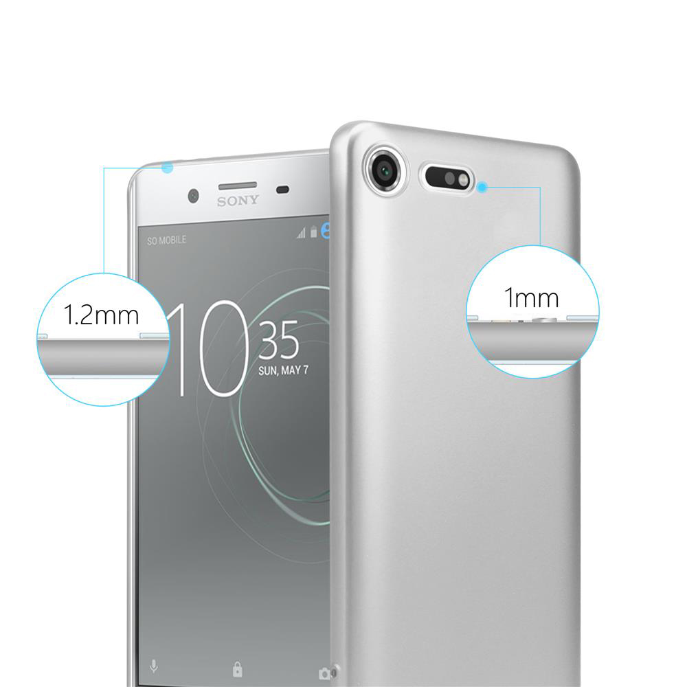 Silbernes Telefon und Hülle. Das Telefon befindet sich neben der Hülle, Maße des Telefons hervorgehoben.
