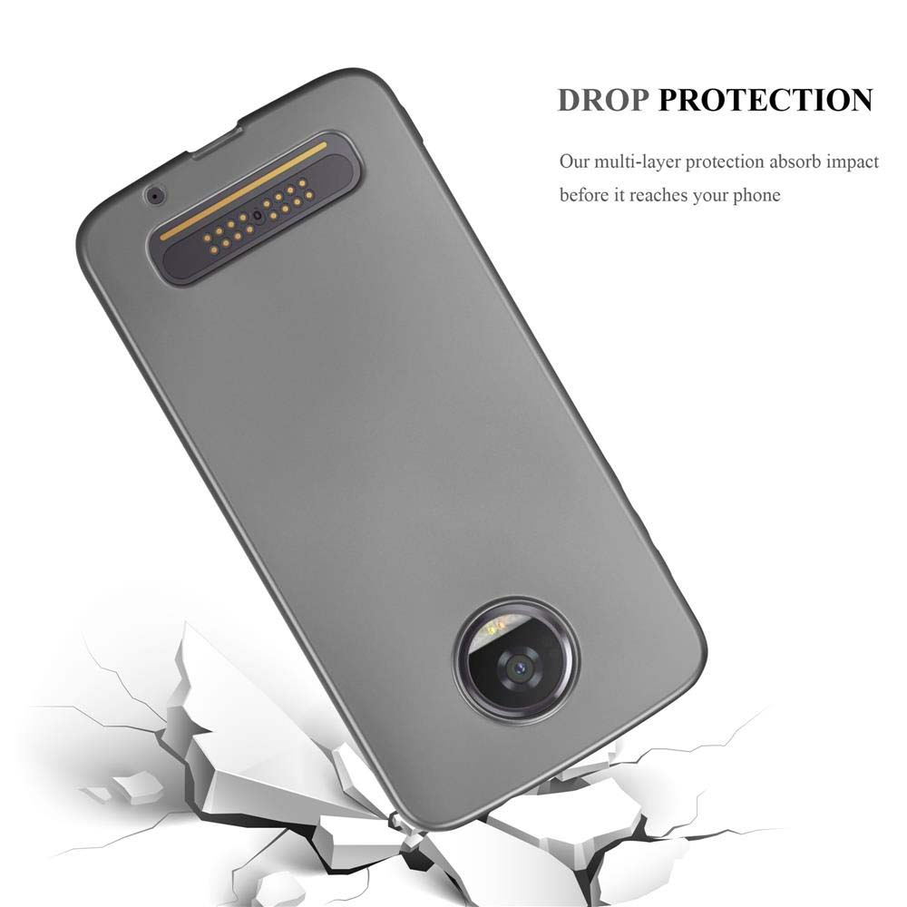 Funda gris de teléfono con detalles de cámara y altavoz. Superficie agrietada en la base.