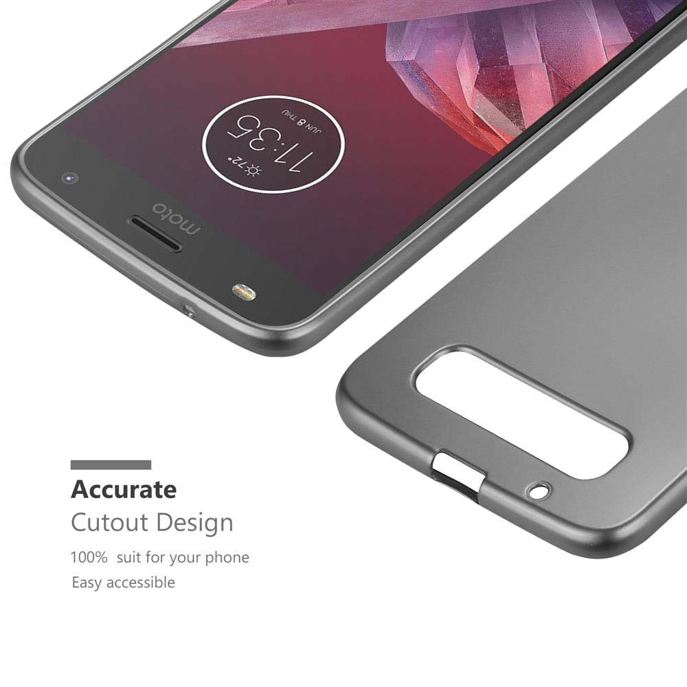 Teléfono y funda gris. La pantalla del teléfono muestra la hora. Diseño de recorte preciso es el foco.
