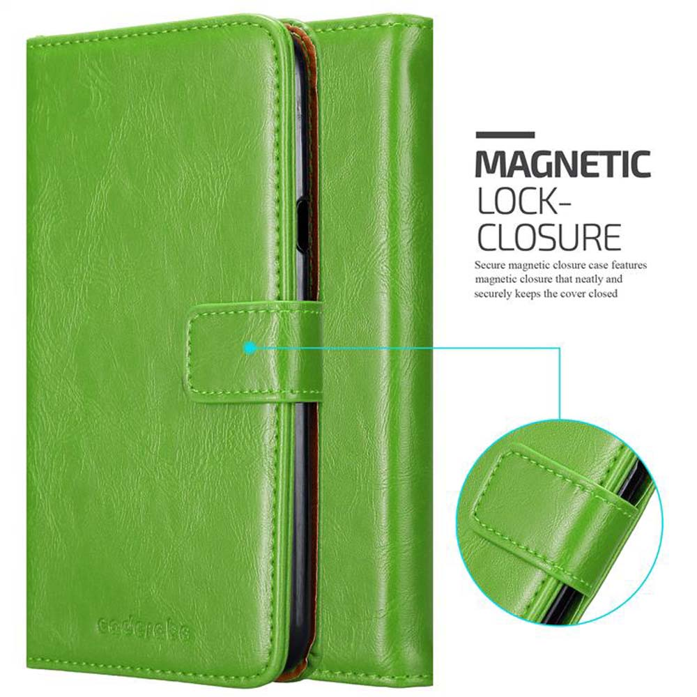 Custodia per telefono in pelle verde con chiusura magnetica. Testo a destra.