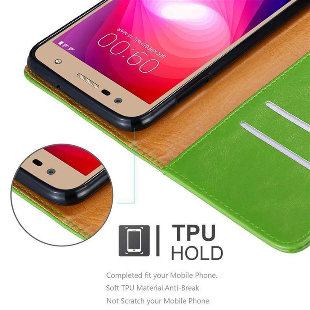 Telefono nella custodia. Pelle verde e marrone. Il telefono mostra l'ora. Testo 'TPU HOLD'.