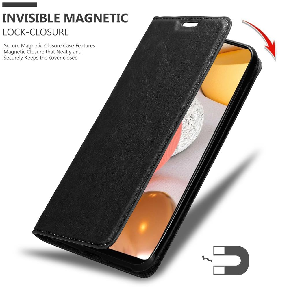 Schwarze Handyhülle mit Magnetverschluss. Geöffnet, um einen Telefonbildschirm zu zeigen.