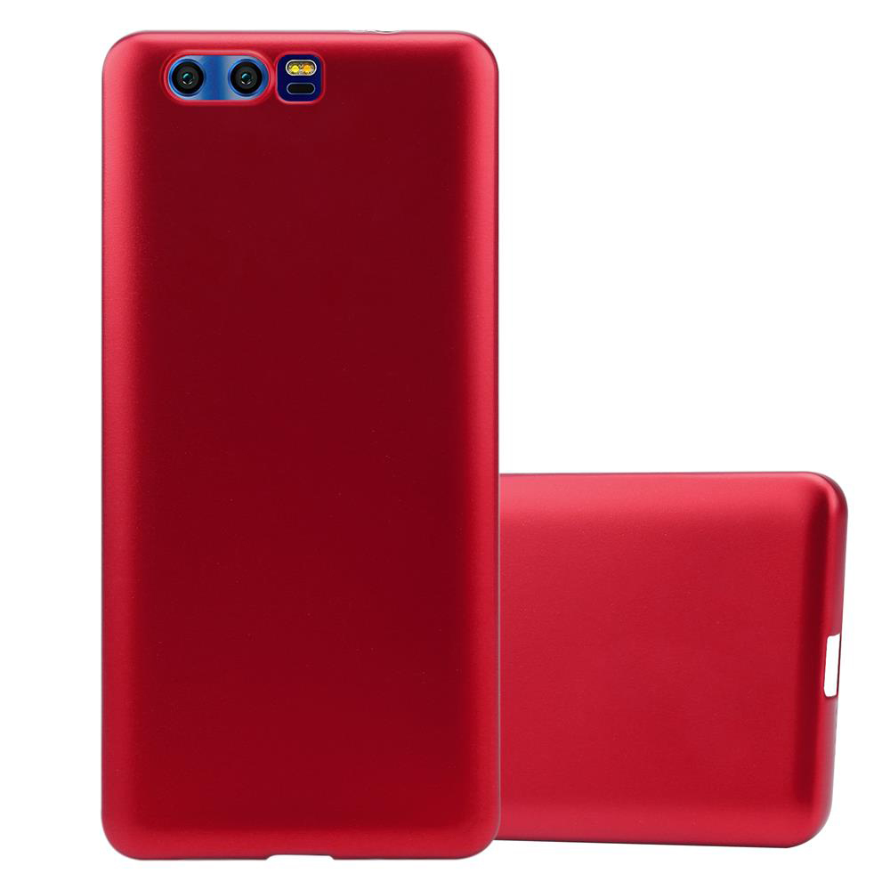 Custodia rossa per telefono. Due parti. Tre lenti della fotocamera. Sfondo bianco.