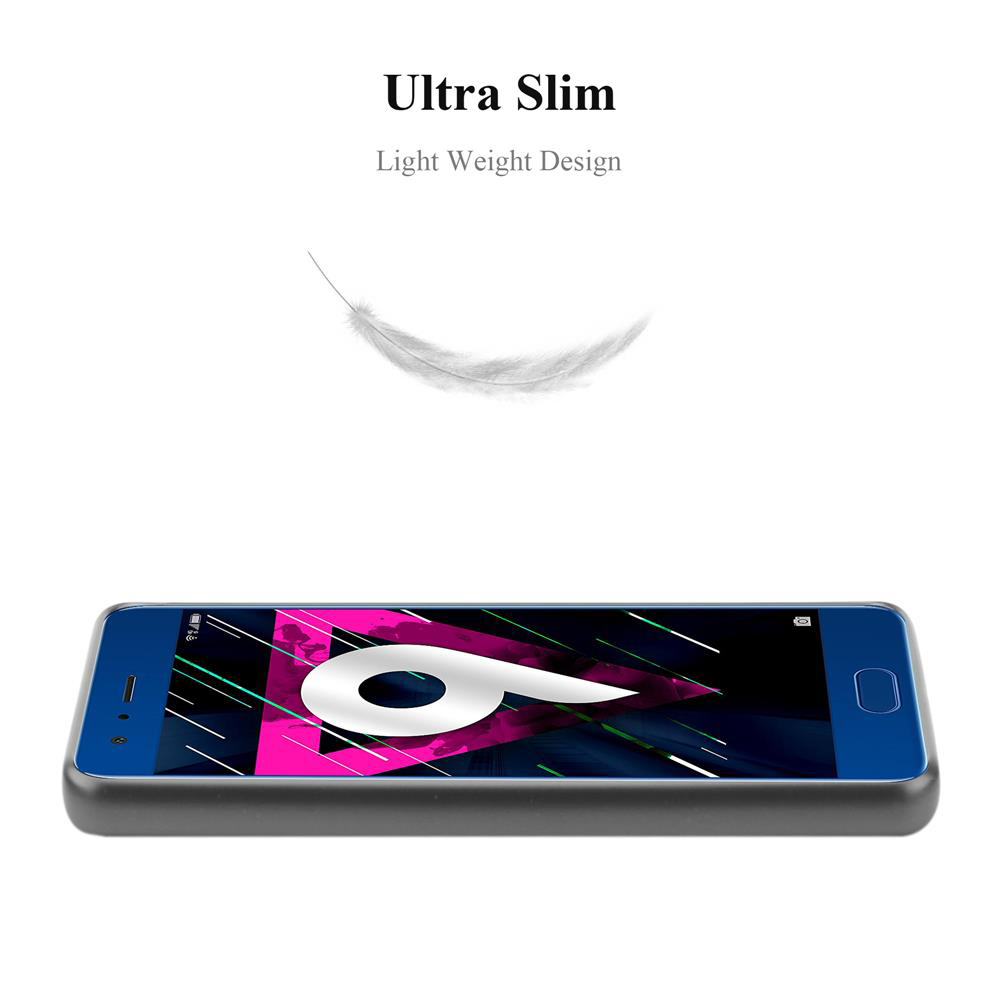 Telefono piatto. Una piuma fluttua sopra il telefono. Testo: Ultra Slim, Design Leggero.