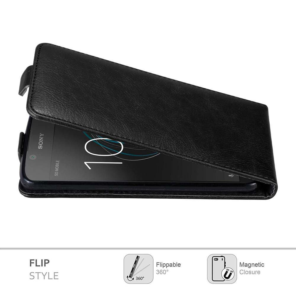 Offene schwarze Handyhülle, die das Telefon zeigt. Flip-Style mit Magnetverschluss.