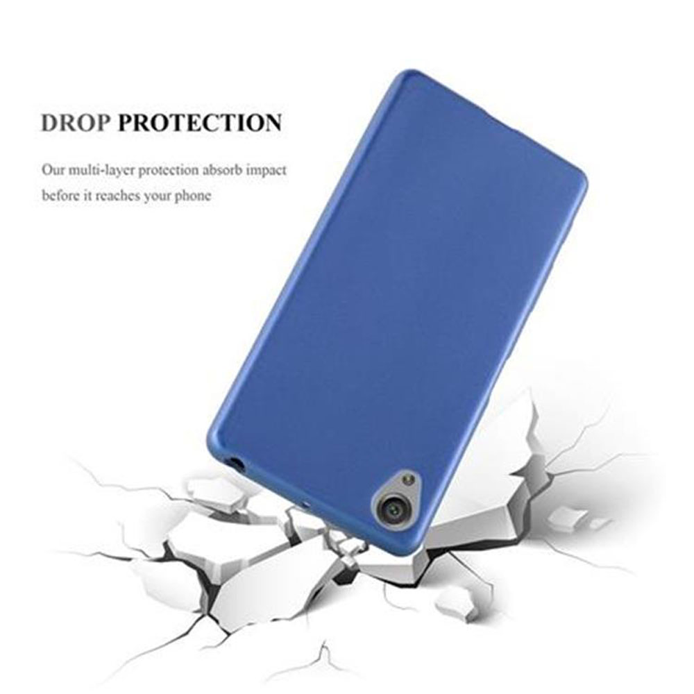 Custodia blu per telefono che cade su blocchi bianchi rotti. Testo: Protezione dalle cadute. Protegge il telefono.