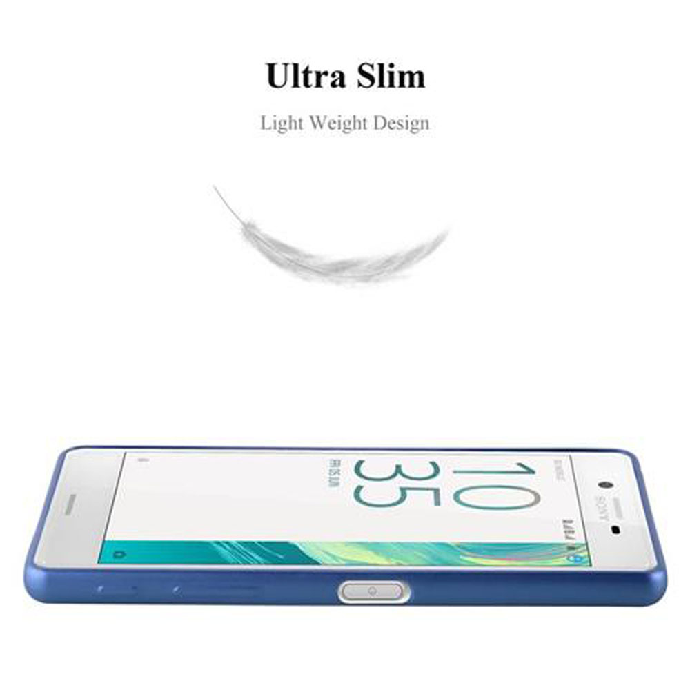 Telefono blu in una custodia blu. Sfondo bianco. Testo bianco 'Ultra Slim', 'Light Weight Design' e una piuma.