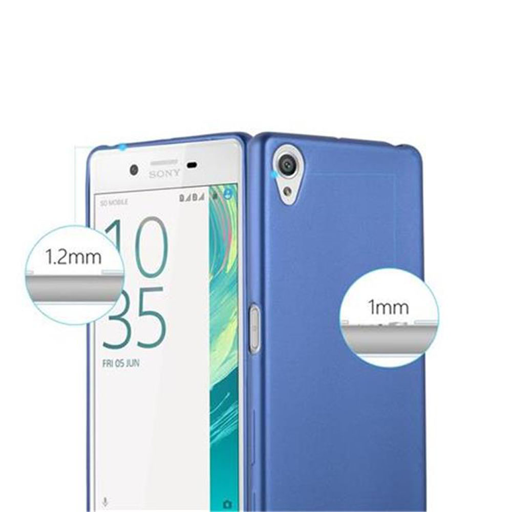 Custodia blu con telefono davanti. Primo piano dello spessore del telefono: 1,2 mm, custodia: 1 mm.