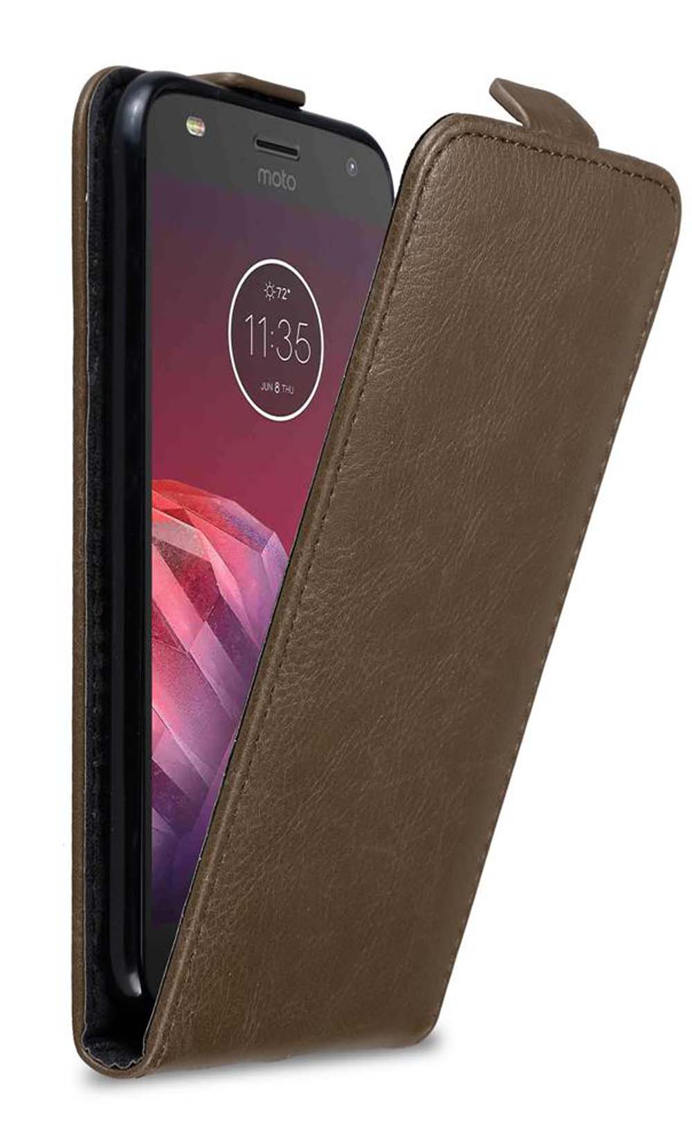 Funda de teléfono marrón con un teléfono dentro. La funda está abierta, mostrando la pantalla.
