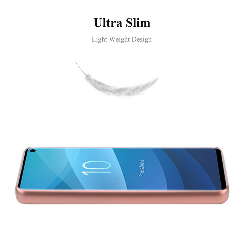 Una custodia per telefono oro rosa con un telefono all'interno. Una piuma fluttua.