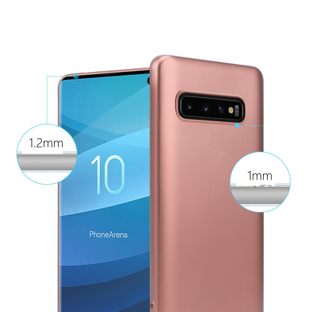 Custodia e telefono, che mostrano spessore e dettagli. Il telefono è oro rosa, custodia simile.